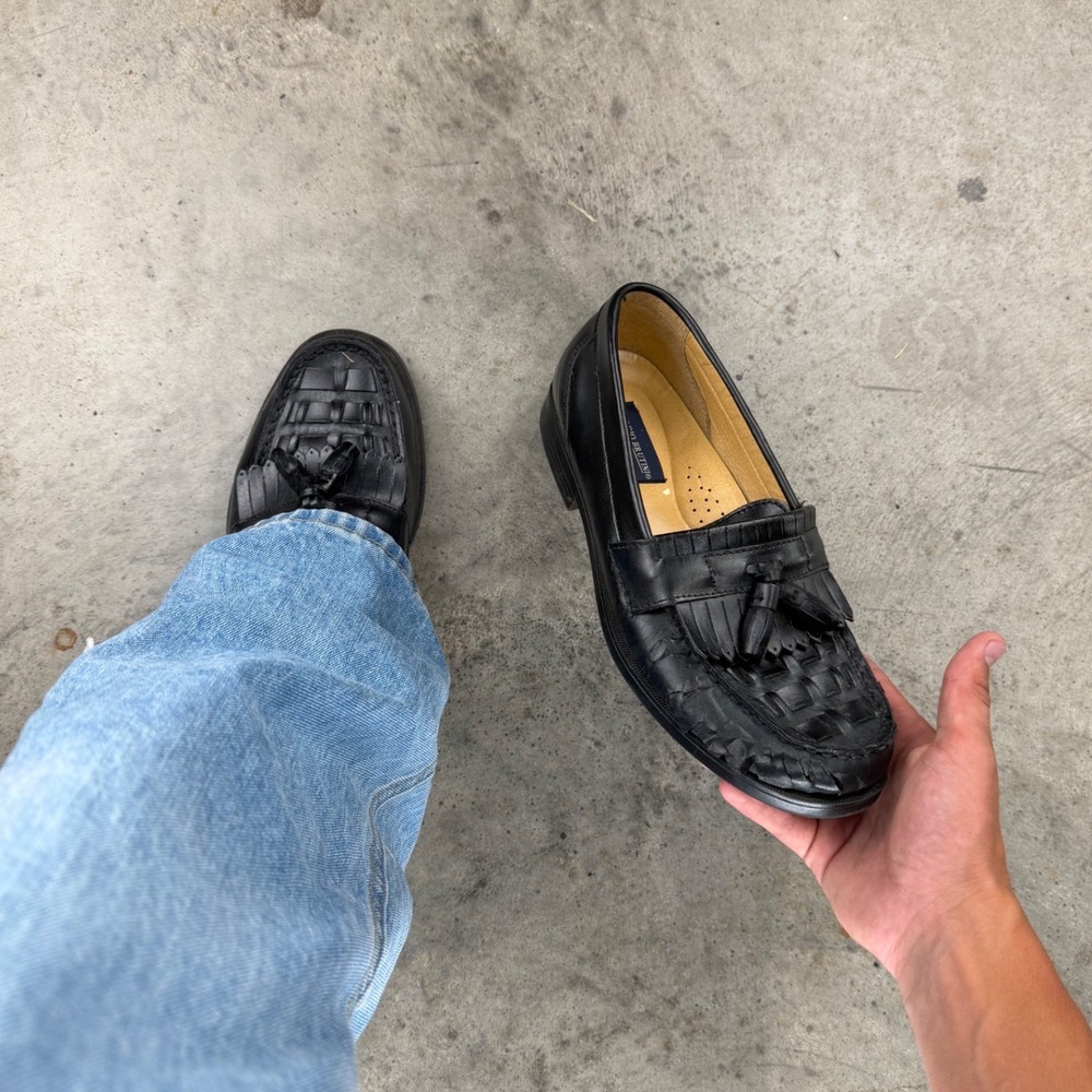 Vintage Giorgio Brutini Black Woven Leather Tassel Kiltie Loafers Mens 9.5 M